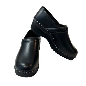Troentorps Sweden Black Leather Wooden Clogs Womens Size 39 or 8.5